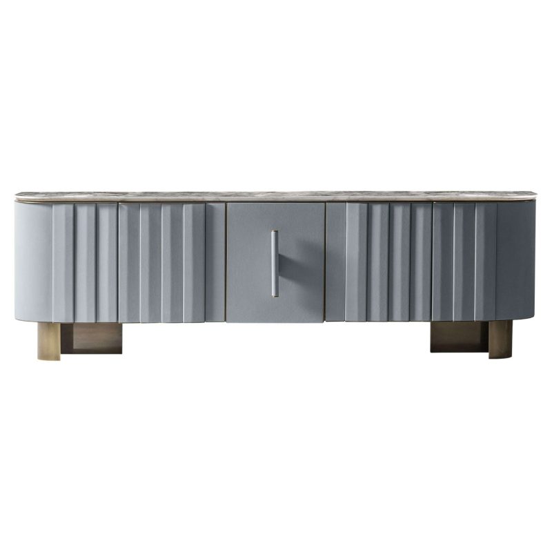 Contemporary Sideboard by Hessentia in Light-Blue Leather with Grey Marble Top