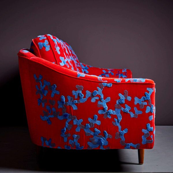 Red and Blue Harvey Probber Sofa with Jupe by Jackie Hand Embroidered Fabric - Image 8