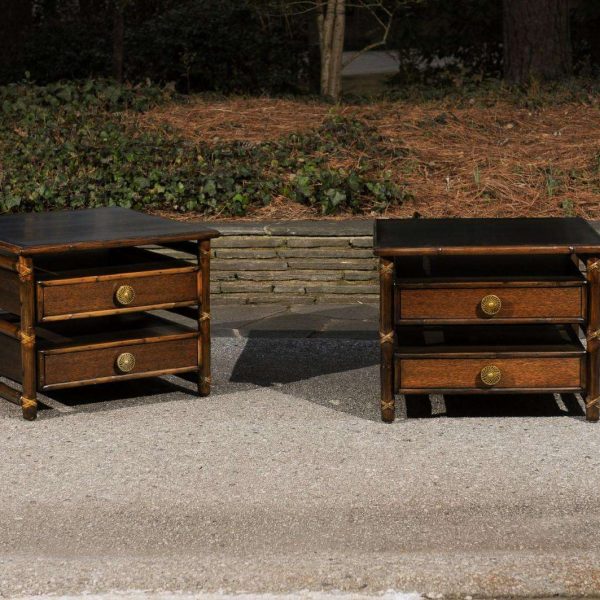 Beautiful Restored Pair of Mahogany, Rattan and Brass End Tables by McGuire - Image 3