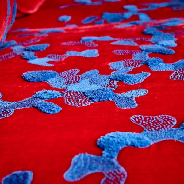Red and Blue Harvey Probber Sofa with Jupe by Jackie Hand Embroidered Fabric - Image 5