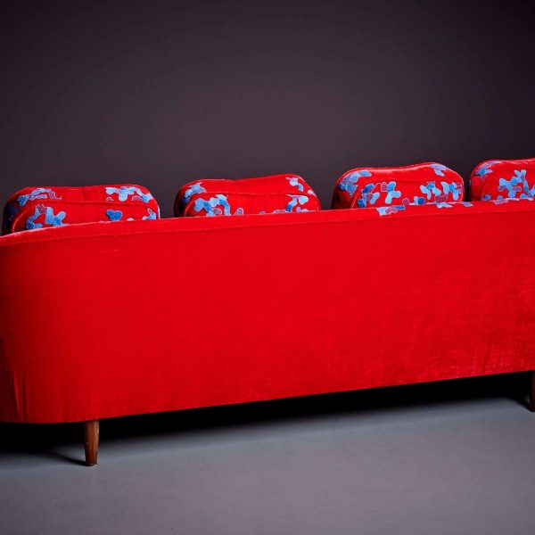 Red and Blue Harvey Probber Sofa with Jupe by Jackie Hand Embroidered Fabric - Image 7