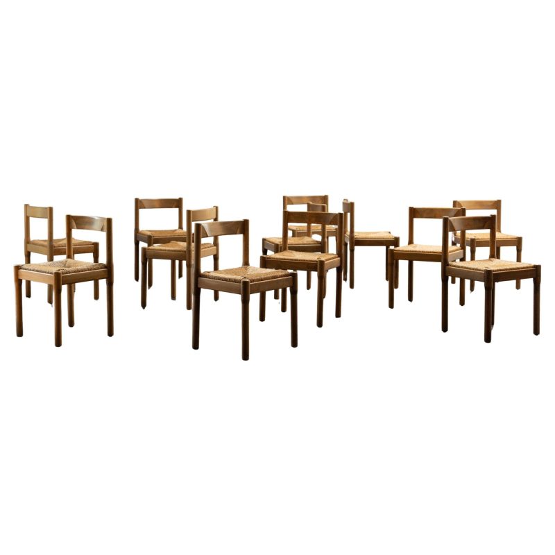 Set of 12 Wicker Seat "Carimate" Chairs by Vico Magistretti Comi, Italy, 1960s