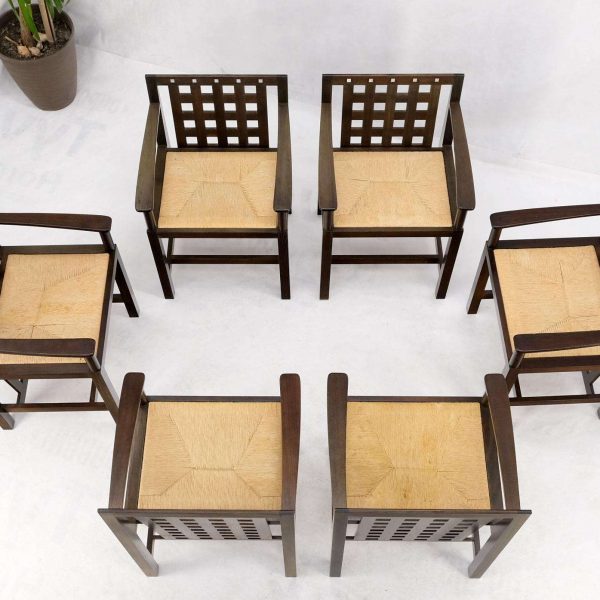 Brown Oak Cassina Macintosh Drop Leaf Dining Table 6 Rush Seat Chairs Set Mint - Image 7