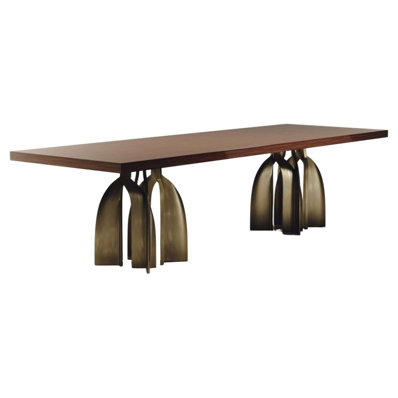 Sculptural Dining Table in Macassar Inlay & Bronze Patina Brass by Kifu Paris