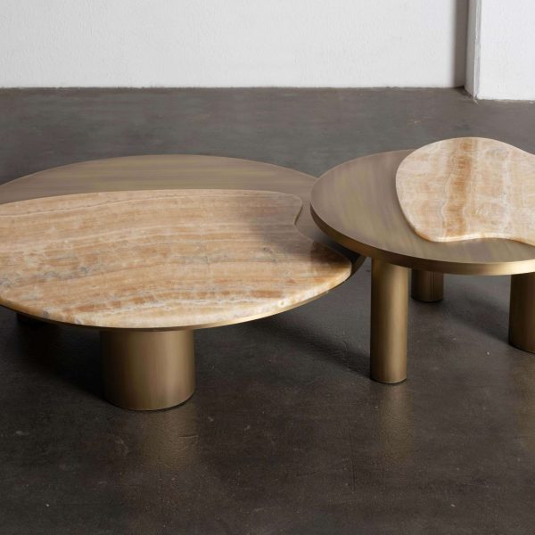 Contemporary Bordeira Nesting Coffee Tables, Onyx Miel, Brass, Marble Greenapple - Image 2