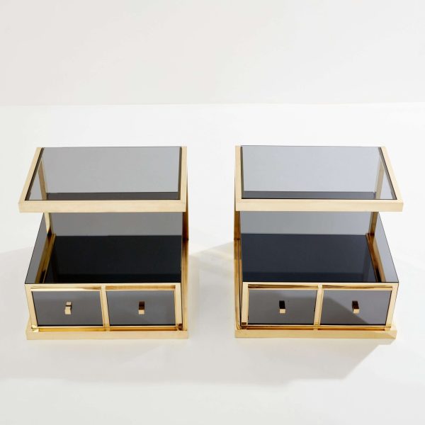 Pair of Michel Pigneres Smoked Mirrored and Brass Side Tables 1970s - Image 3