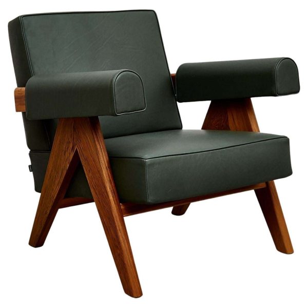 Pierre Jeanneret 053 Capitol Complex Teak Wood Green Leather Armchair by Cassina - Image 2