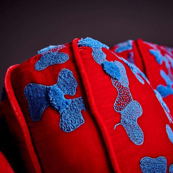 Red and Blue Harvey Probber Sofa with Jupe by Jackie Hand Embroidered Fabric - Image 3