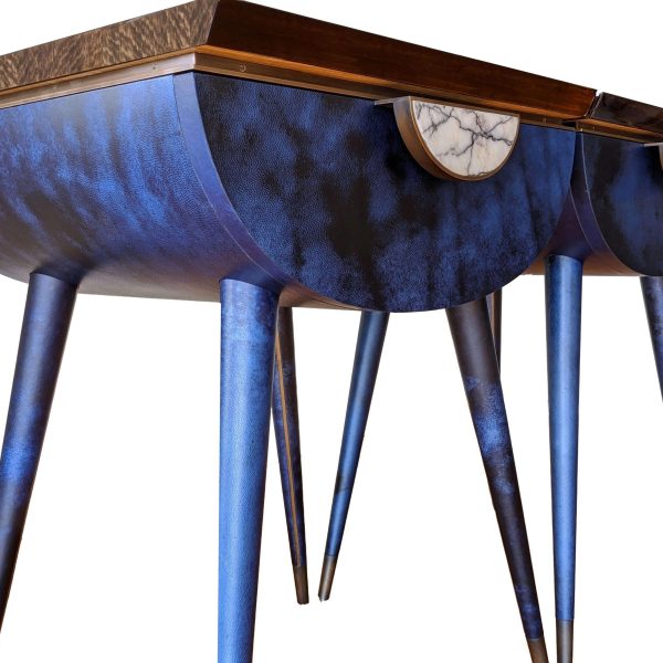 Pair of Bedside Tables in Blue Vellum, Marble, Bronzed Brass, Fumed Eucalyptus - Image 8