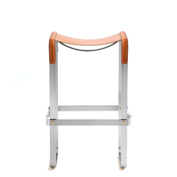 Set of 3 Classic Contemporary Bar Stool Silver Aged Metal & Natural Tobacco Leather - Image 3