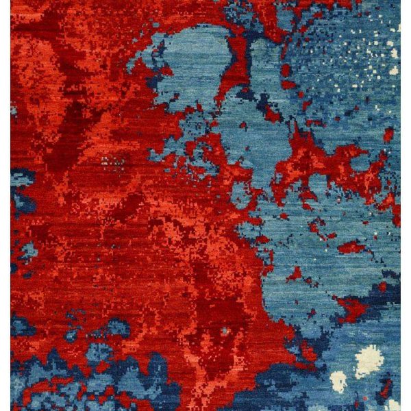 Modern Abstract Magma Wool Persian Rug in Red and Blue Tones, 10' x 14' - Image 4