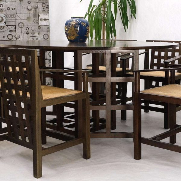 Brown Oak Cassina Macintosh Drop Leaf Dining Table 6 Rush Seat Chairs Set Mint - Image 5