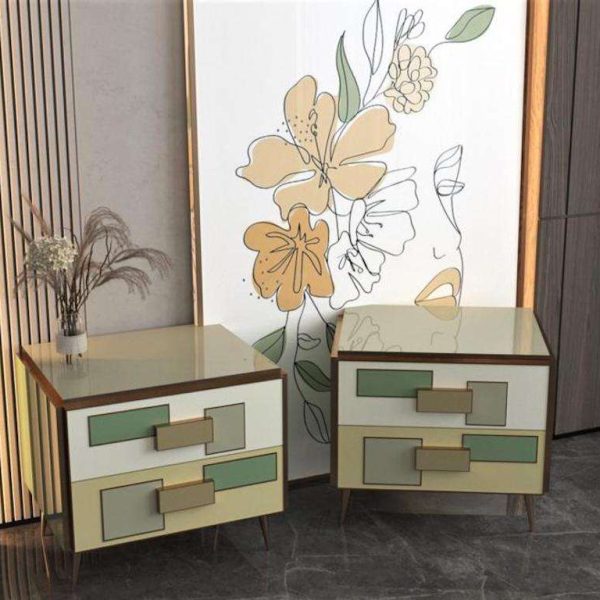 Pair Italian Geometric Pair Postmodern Yellow Green Cream Gray Glass & Brass Chests - Image 4