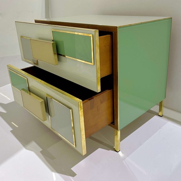 Pair Italian Geometric Pair Postmodern Yellow Green Cream Gray Glass & Brass Chests - Image 6