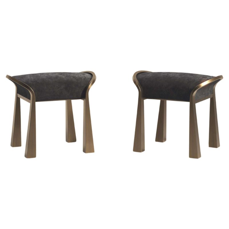 Pair of Velvet Upholstered Stools with Sculptural Brass Legs by R&Y Augousti