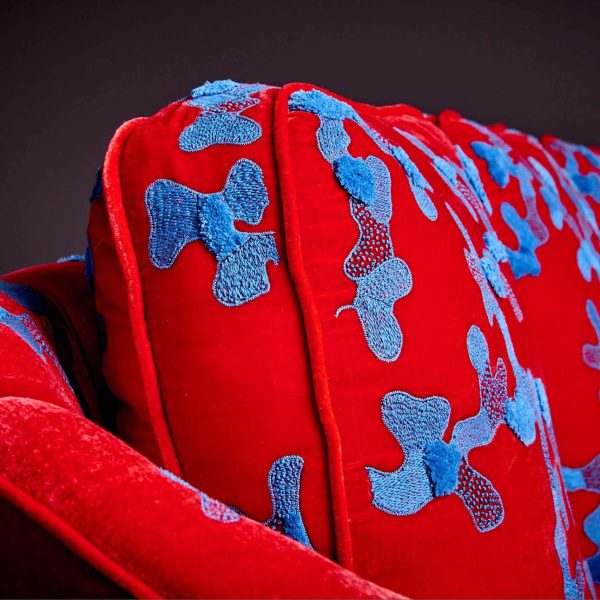 Red and Blue Harvey Probber Sofa with Jupe by Jackie Hand Embroidered Fabric - Image 10