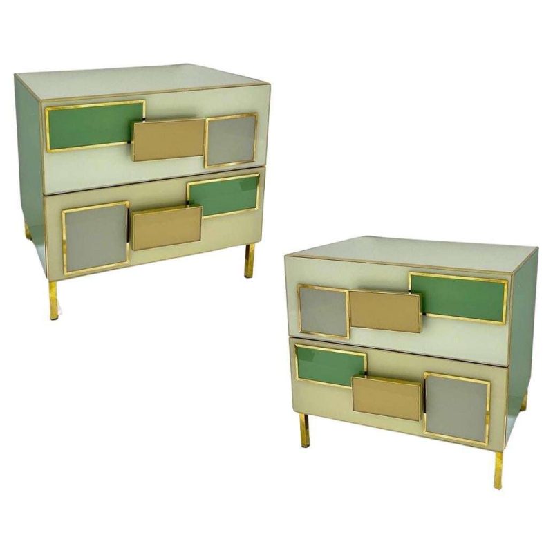 Pair Italian Geometric Pair Postmodern Yellow Green Cream Gray Glass & Brass Chests