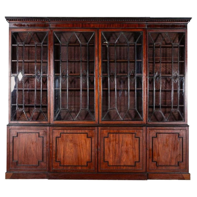 Monumental Irish Georgian Ebonised Mahogany & Astral Glazed Breakfront Bookcase
