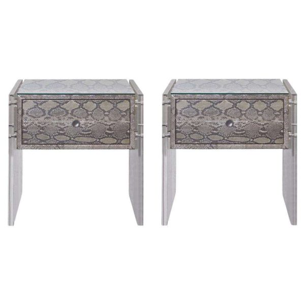 Pair of Exotic Python and Lucite Nightstands