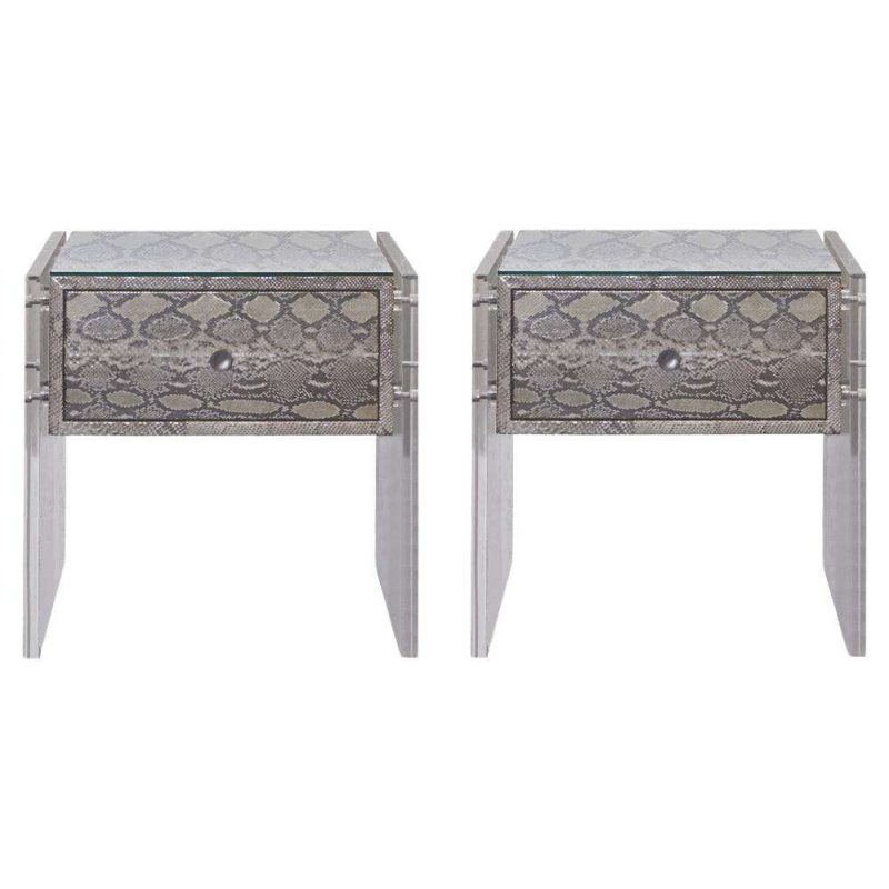 Pair of Exotic Python and Lucite Nightstands