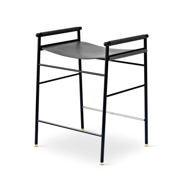 Set of 6 Contemporary Counter Bar Stool Black Leather & Black Rubber Metal - Image 2