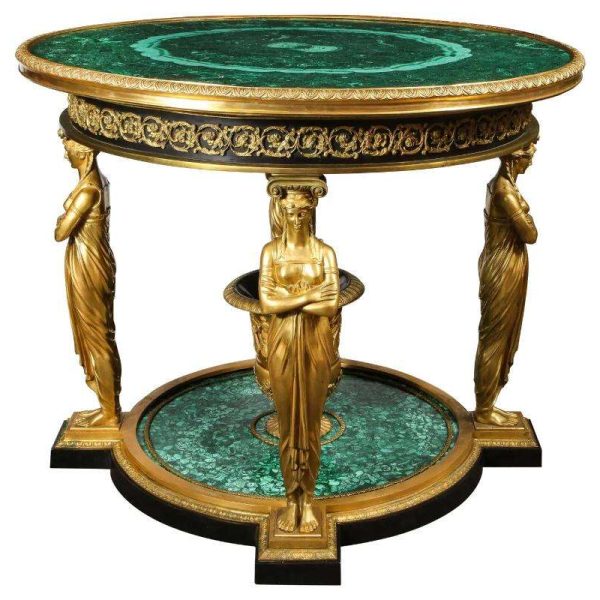Impressive Empire Style Malachite and Ormolu Center Table After Desmalter
