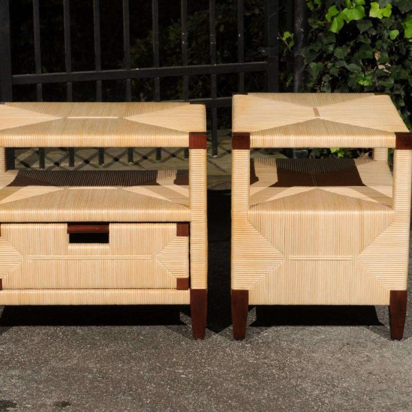 Beautiful Pair of Rush Wicker Rattan End Tables by John Hutton for Donghia - Image 4