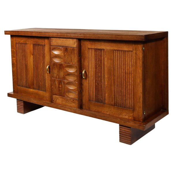 Charles Dudouyt Brutalist Credenza in Oak & Brass, France 1940's - Image 2