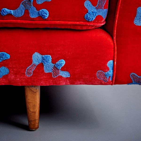 Red and Blue Harvey Probber Sofa with Jupe by Jackie Hand Embroidered Fabric - Image 6