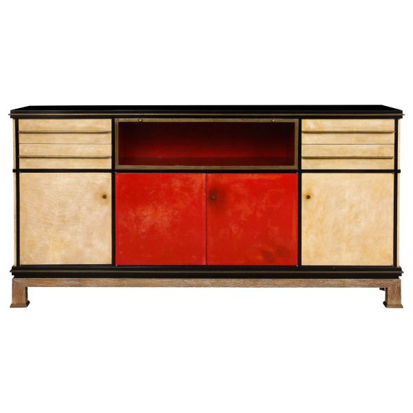Important and Rare Red Goatskin with Ebonized Wood Credenza by Paul Dupre-Lafon