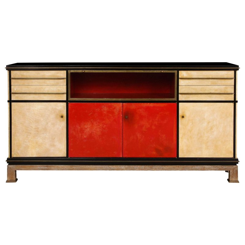 Important and Rare Red Goatskin with Ebonized Wood Credenza by Paul Dupre-Lafon