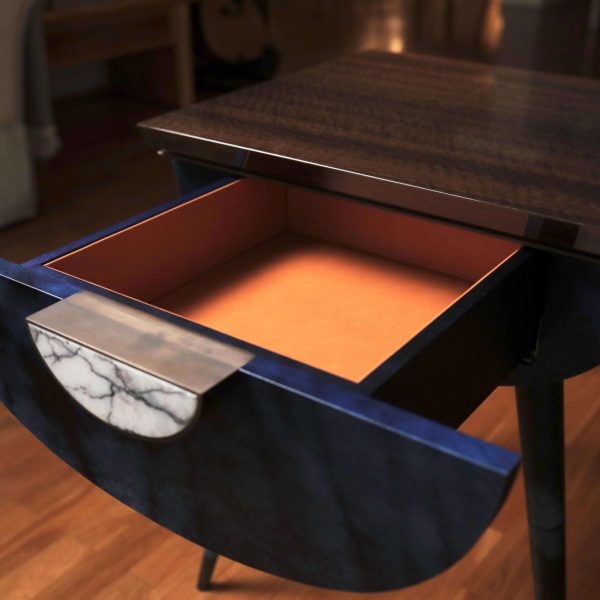 Pair of Bedside Tables in Blue Vellum, Marble, Bronzed Brass, Fumed Eucalyptus - Image 6