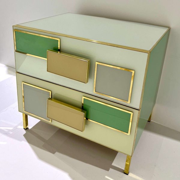 Pair Italian Geometric Pair Postmodern Yellow Green Cream Gray Glass & Brass Chests - Image 7