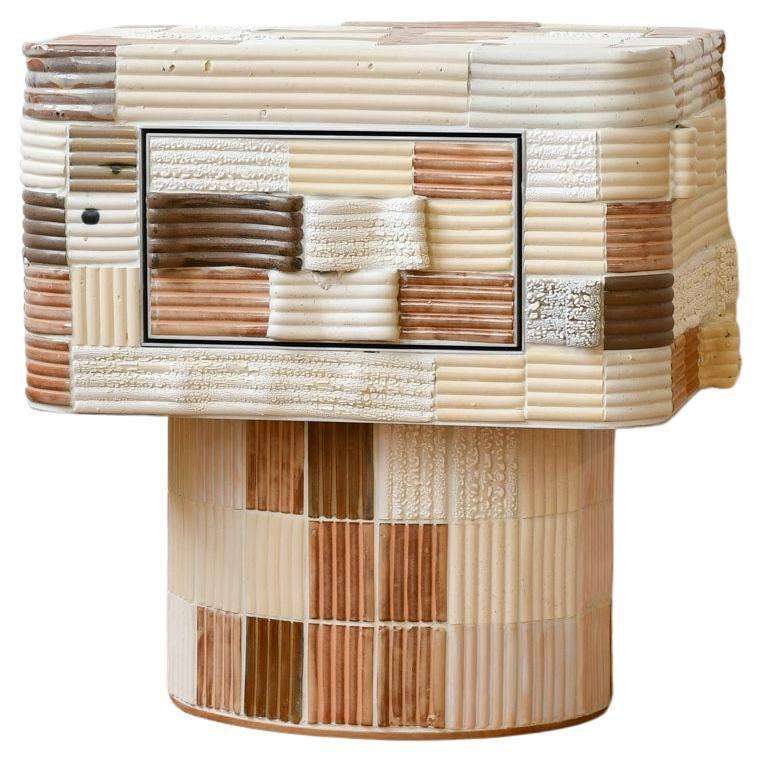 Pair of Sarcophagus Bedside Tables in Sculpted Ceramics and Wood