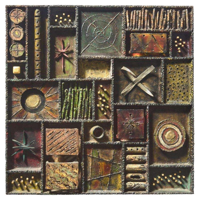 Rare Welded Steel, Polychrome, Gilt and Patinated Wall Sculpture by Paul Evans
