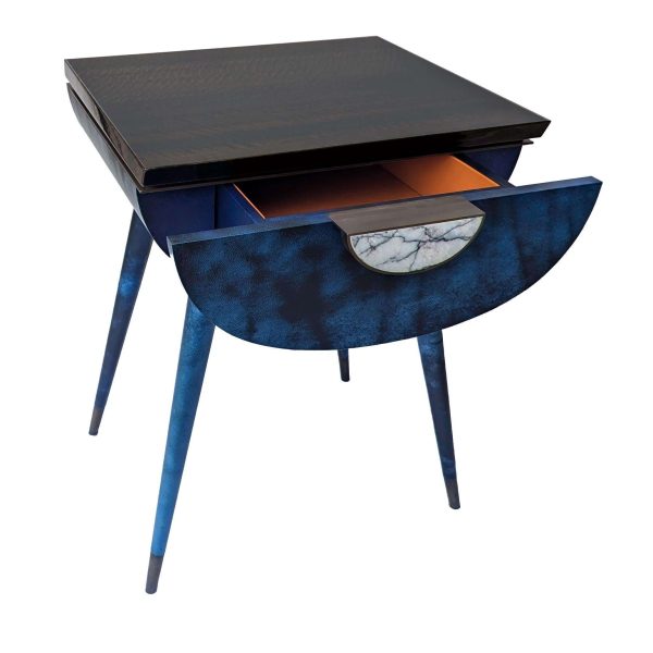 Pair of Bedside Tables in Blue Vellum, Marble, Bronzed Brass, Fumed Eucalyptus - Image 4