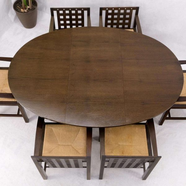 Brown Oak Cassina Macintosh Drop Leaf Dining Table 6 Rush Seat Chairs Set Mint - Image 4