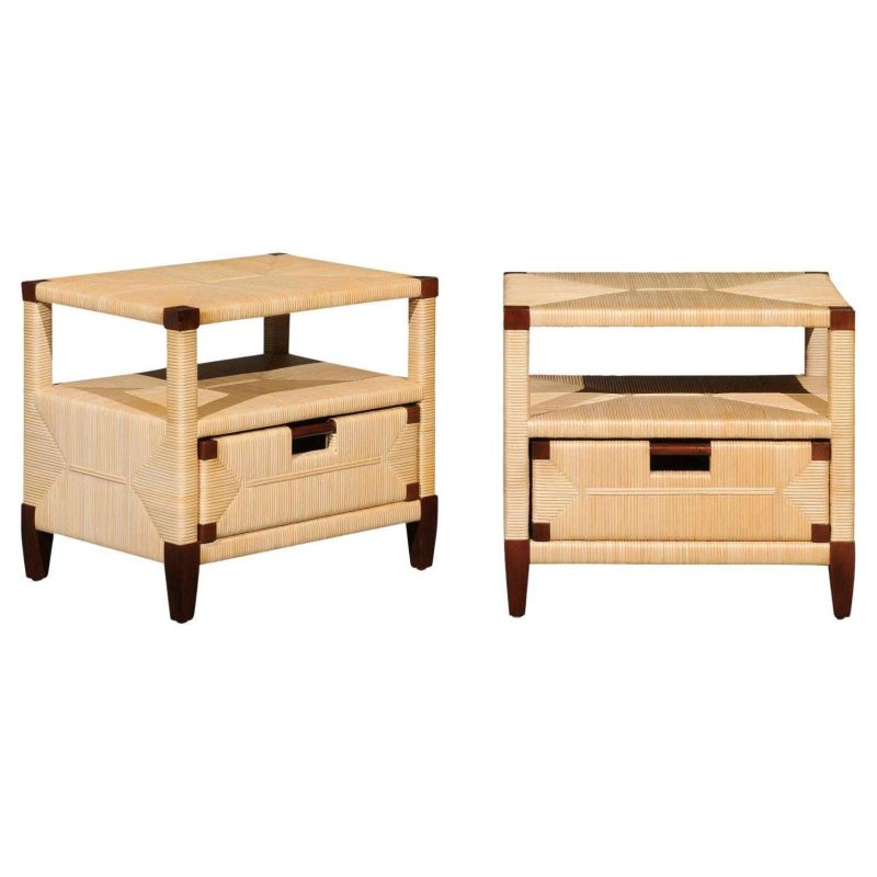 Beautiful Pair of Rush Wicker Rattan End Tables by John Hutton for Donghia