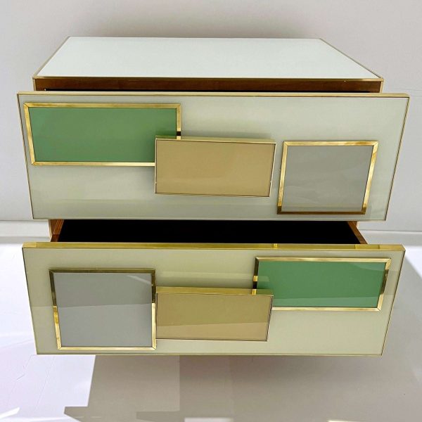 Pair Italian Geometric Pair Postmodern Yellow Green Cream Gray Glass & Brass Chests - Image 8