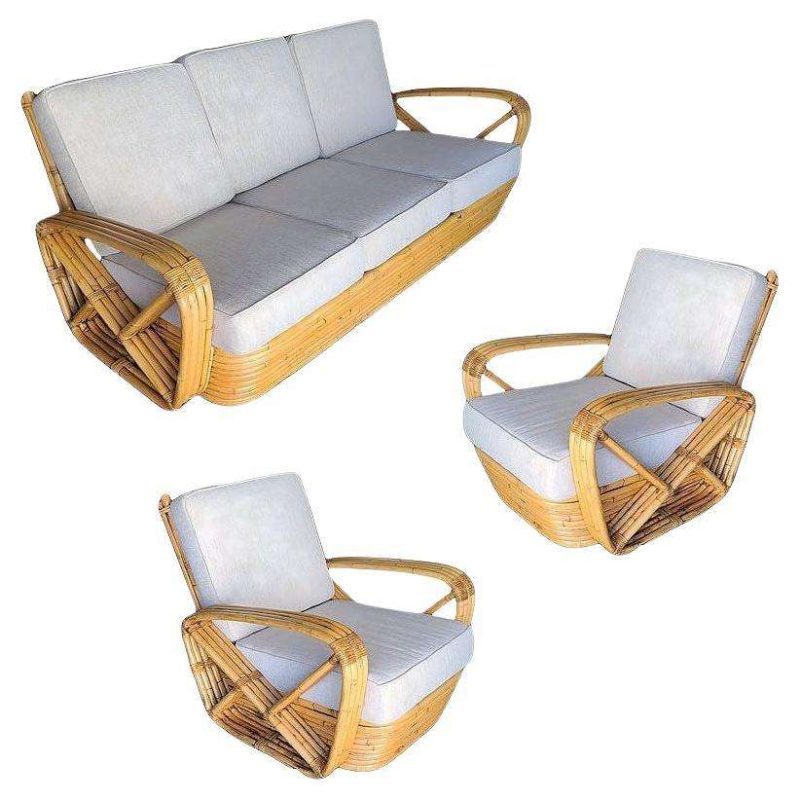 Original Historic Hand Made 4-Strand Square Pretzel Rattan Lounge & Sofa Set