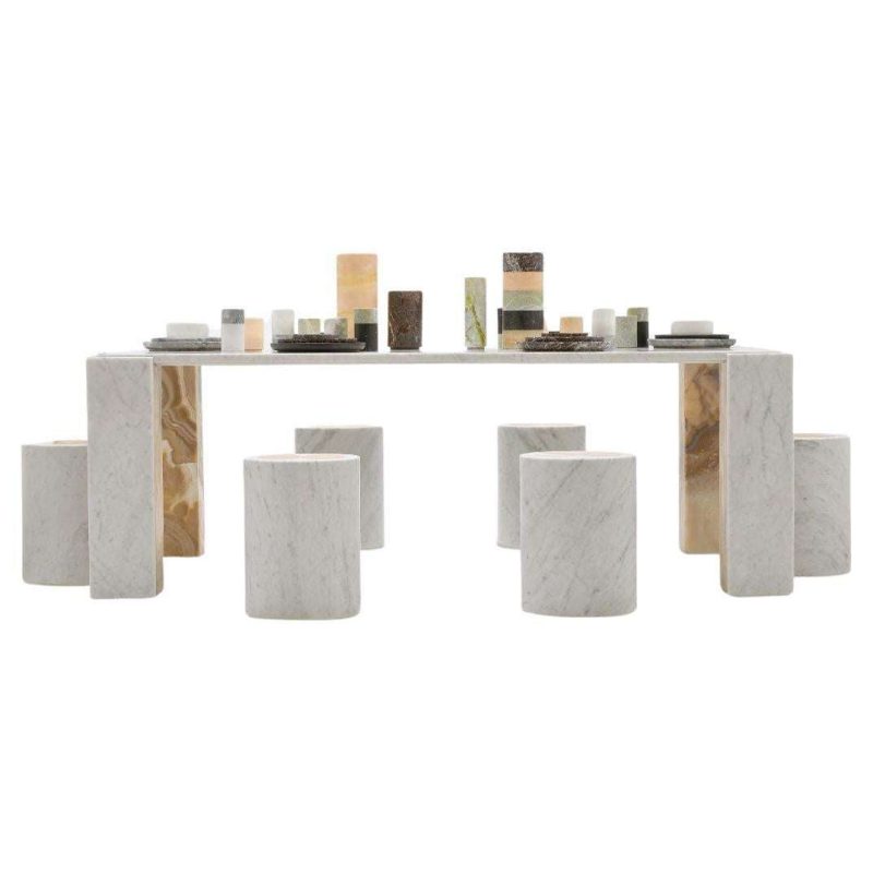 Intarsio Table, Contemporary White Marble and Onyx Dining Table