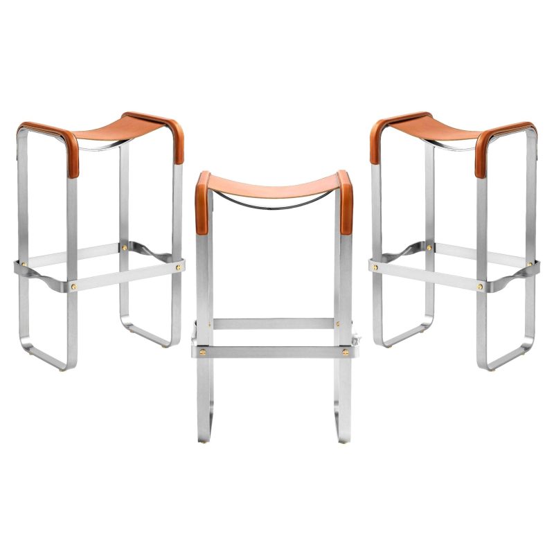 Set of 3 Classic Contemporary Bar Stool Silver Aged Metal & Natural Tobacco Leather