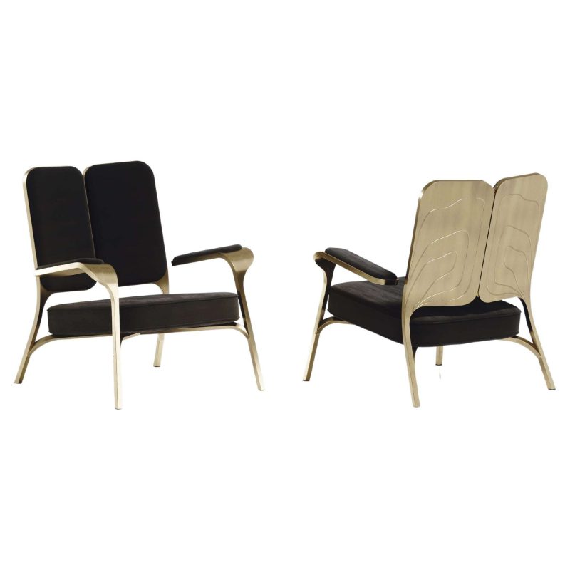 Upholstered Armchair with Bronze-Patina Brass Details by R&Y Augousti, Set of 2