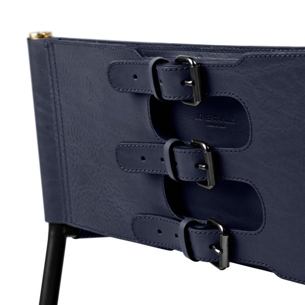 Set of 5 Classic Counter Stool w Backrest Navy Blue Leather & Black Rubber Metal - Image 7