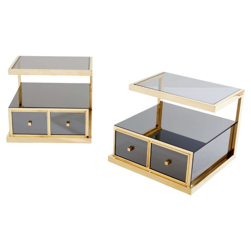 Pair of Michel Pigneres Smoked Mirrored and Brass Side Tables 1970s