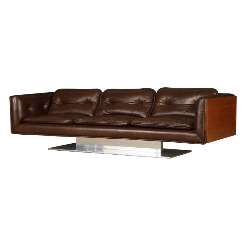 Warren Platner Walnut and Leather Floating Case Sofa for Lehigh Leopold, c. 1970