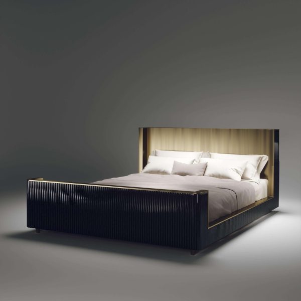 Shell and Brass Bed Frame with Geometric Fluted Details - Image 2