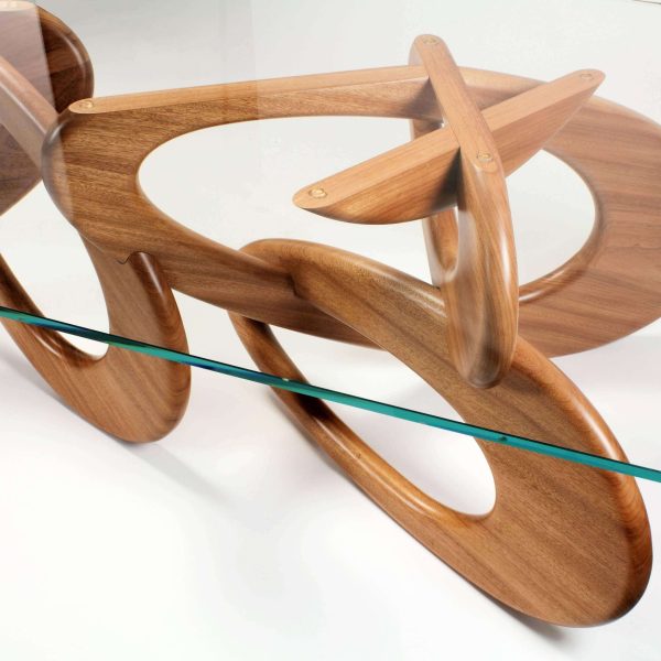 Dining Table Solid Wood Base Crystal Glass Top, Rings Structure Made in Italy - Image 4