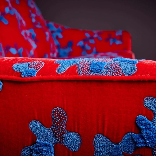 Red and Blue Harvey Probber Sofa with Jupe by Jackie Hand Embroidered Fabric - Image 4