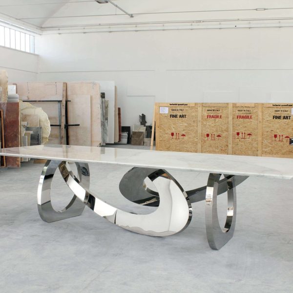 Dining Table Rectangular White Marble Top Mirror Steel Base Made in Italy - Image 5